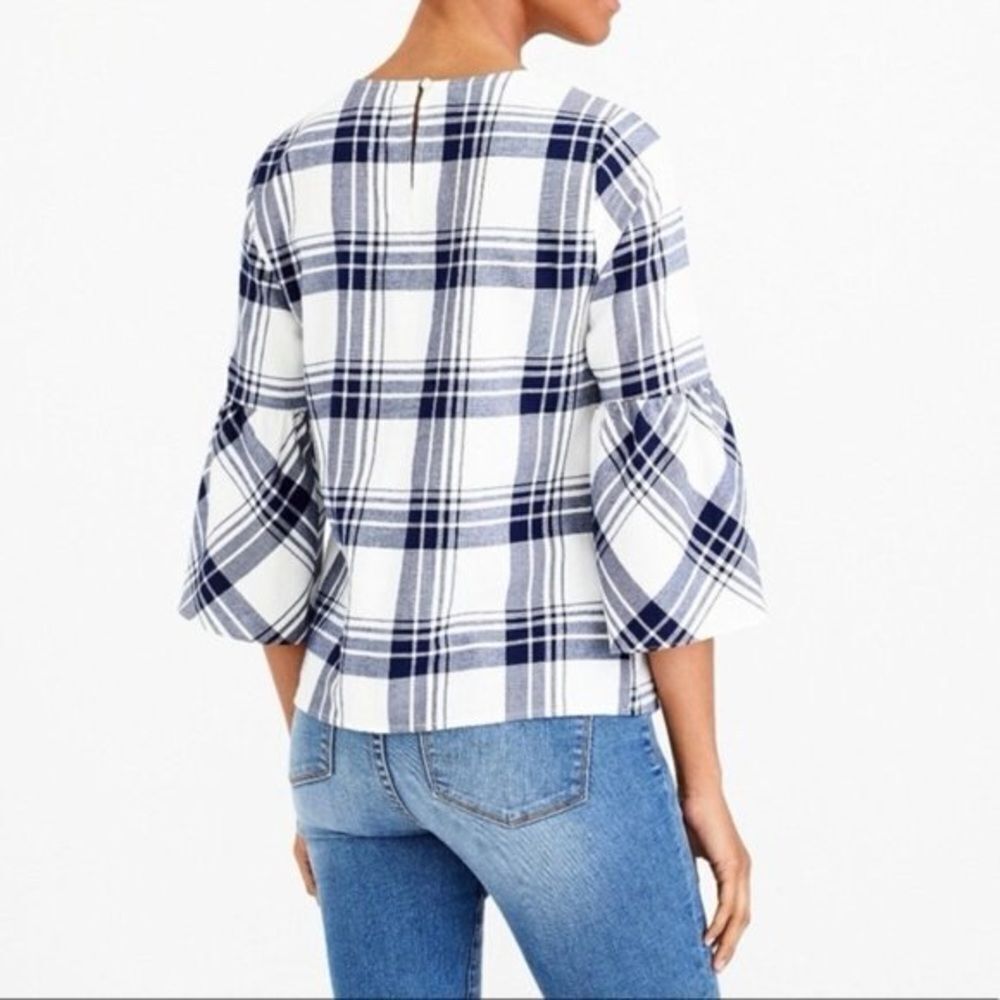 J. Crew Mercantile Bell Sleeve Plaid Top Cotton Navy White 10